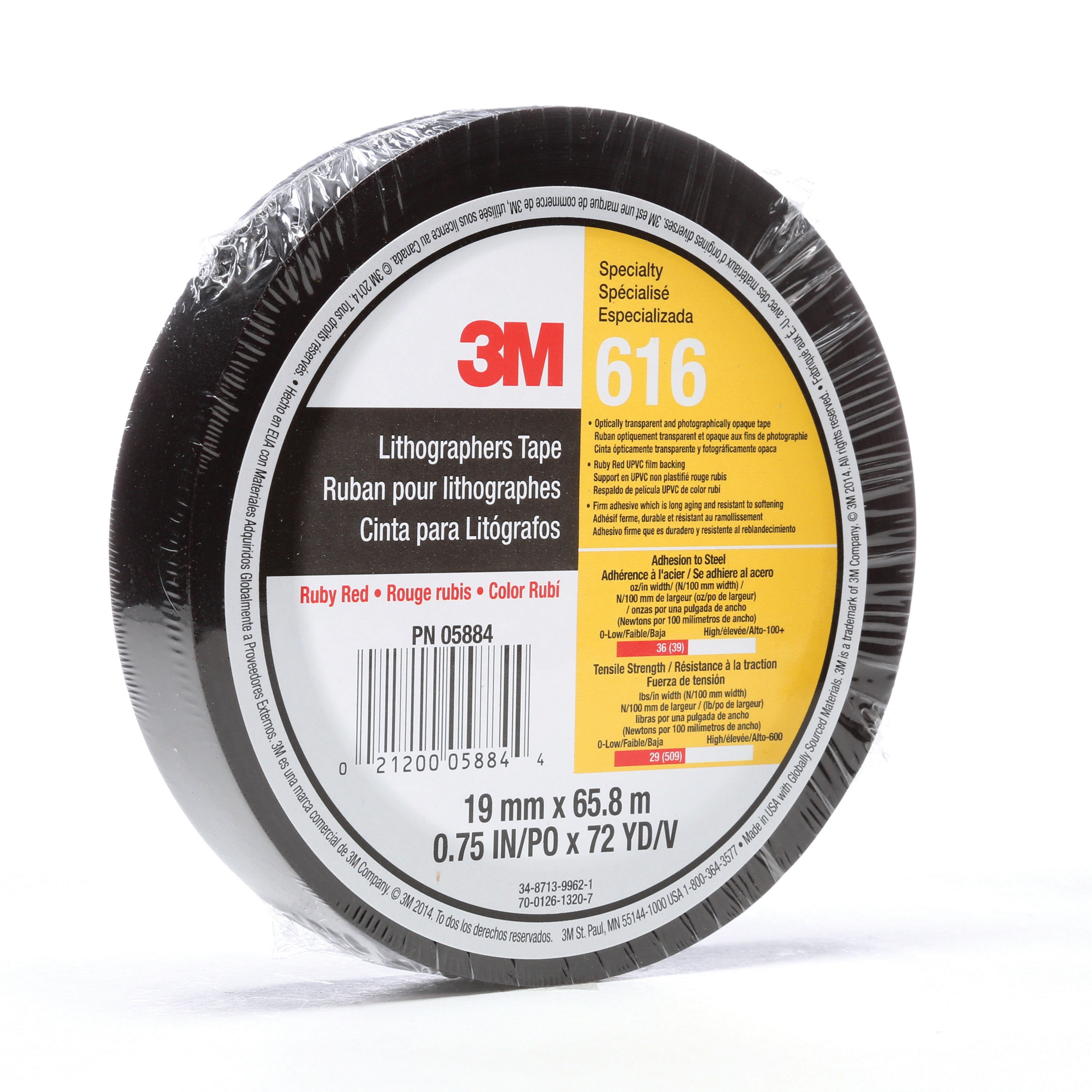 3M™ 021200-05884 1-Sided Lithographers Tape, 72 yd L x 3/4 in W, 2.4 mil THK, Rubber Adhesive, UPVC Backing, Ruby Red