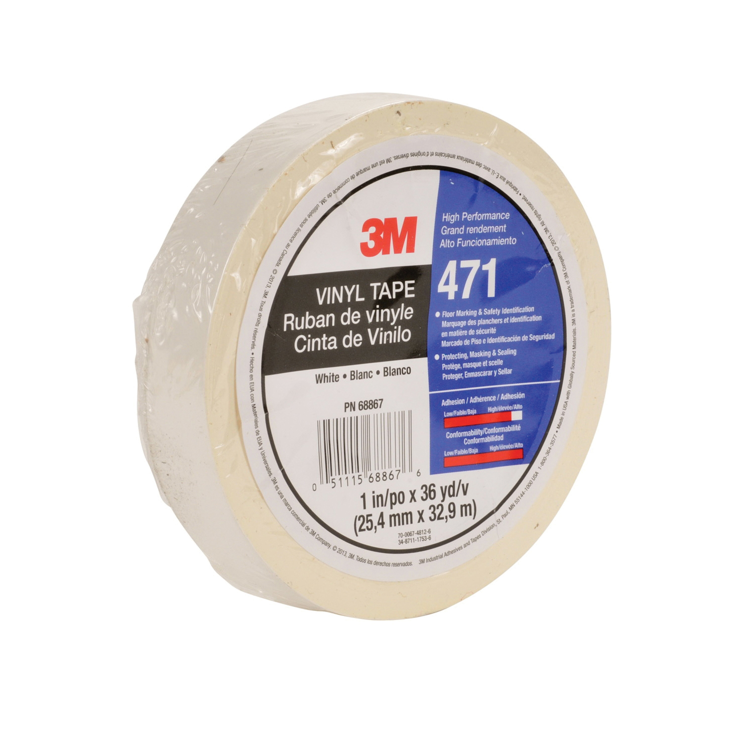 3M™ 021200-07188 High Performance Vinyl Tape, 36 yd L x 1-1/2 in W, 5.2 mil THK, Rubber Adhesive, Vinyl Backing, White