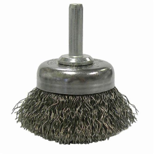 Weiler® 14301 Stem Mounted Utility Cup Brush, 1-3/4 in Dia Brush, 0.0118 in Dia Filament/Wire, Crimped, Steel Fill