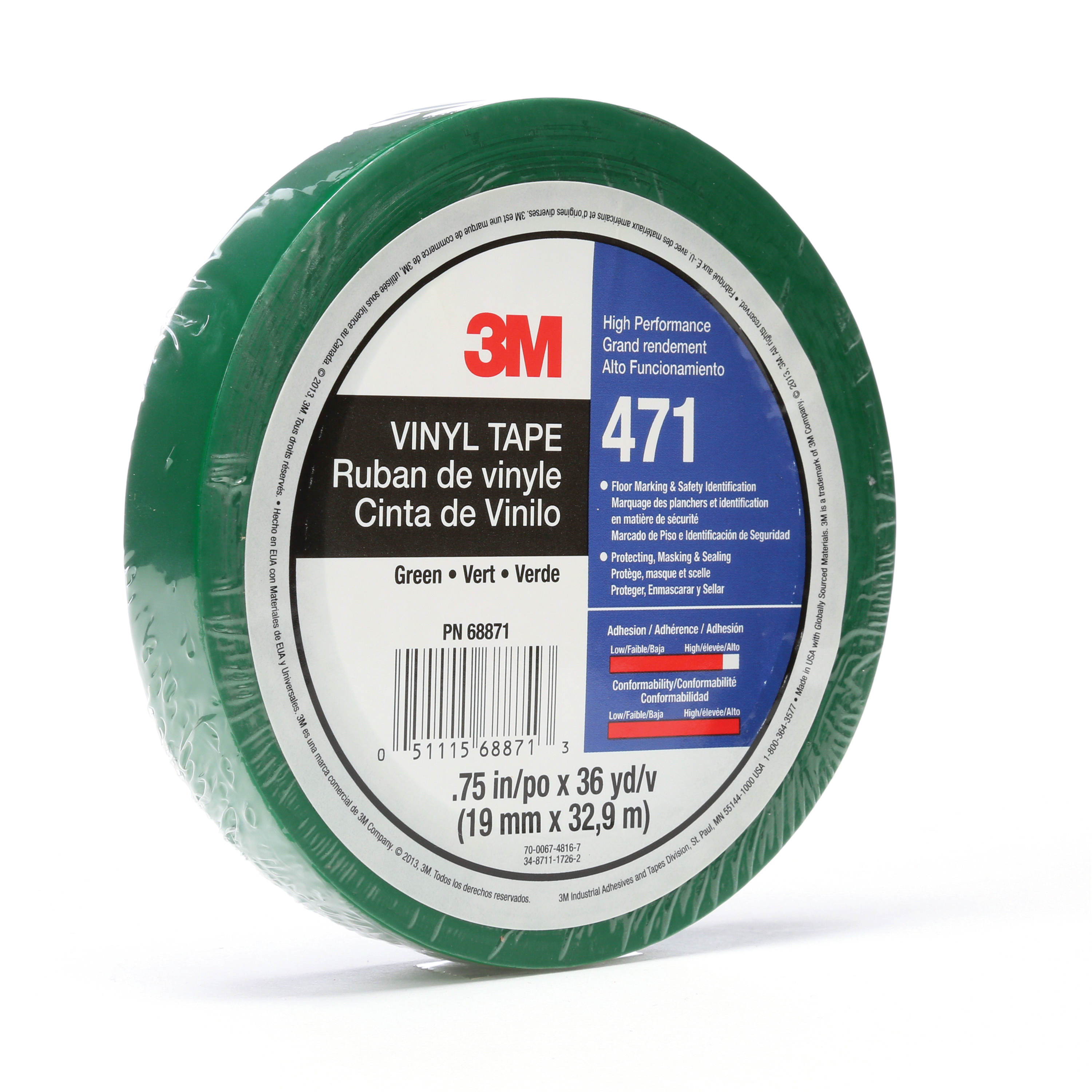 3M™ 021200-07234 High Performance Vinyl Tape, 36 yd L x 1/2 in W, 5.2 mil THK, Rubber Adhesive, Vinyl Backing, Green