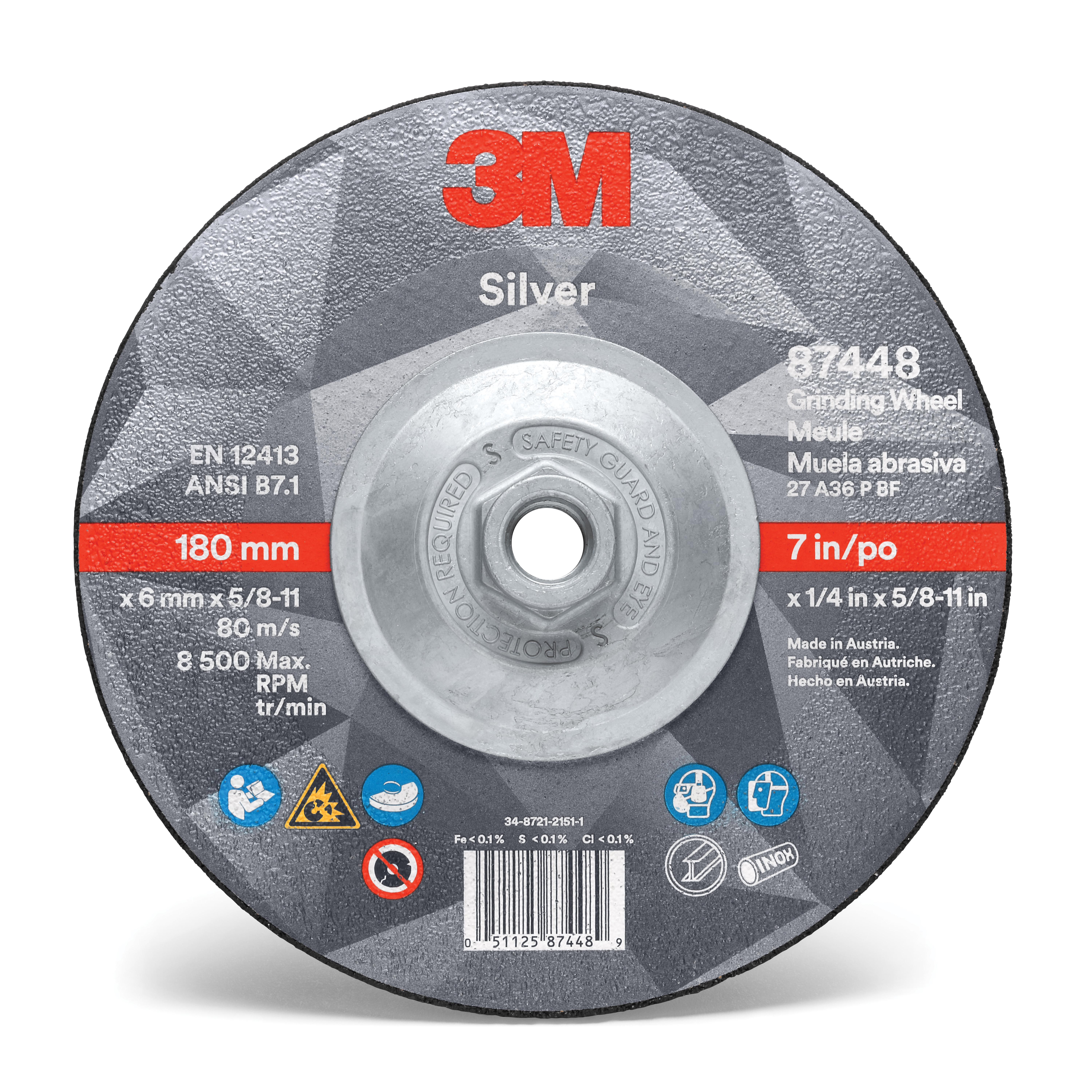3M™ Silver 051125-87448 Silver Type 27 Depressed Center Quick-Change Grinding Wheel, 7 in Dia x 1/4 in THK, 36 Grit, Ceramic Grain Abrasive