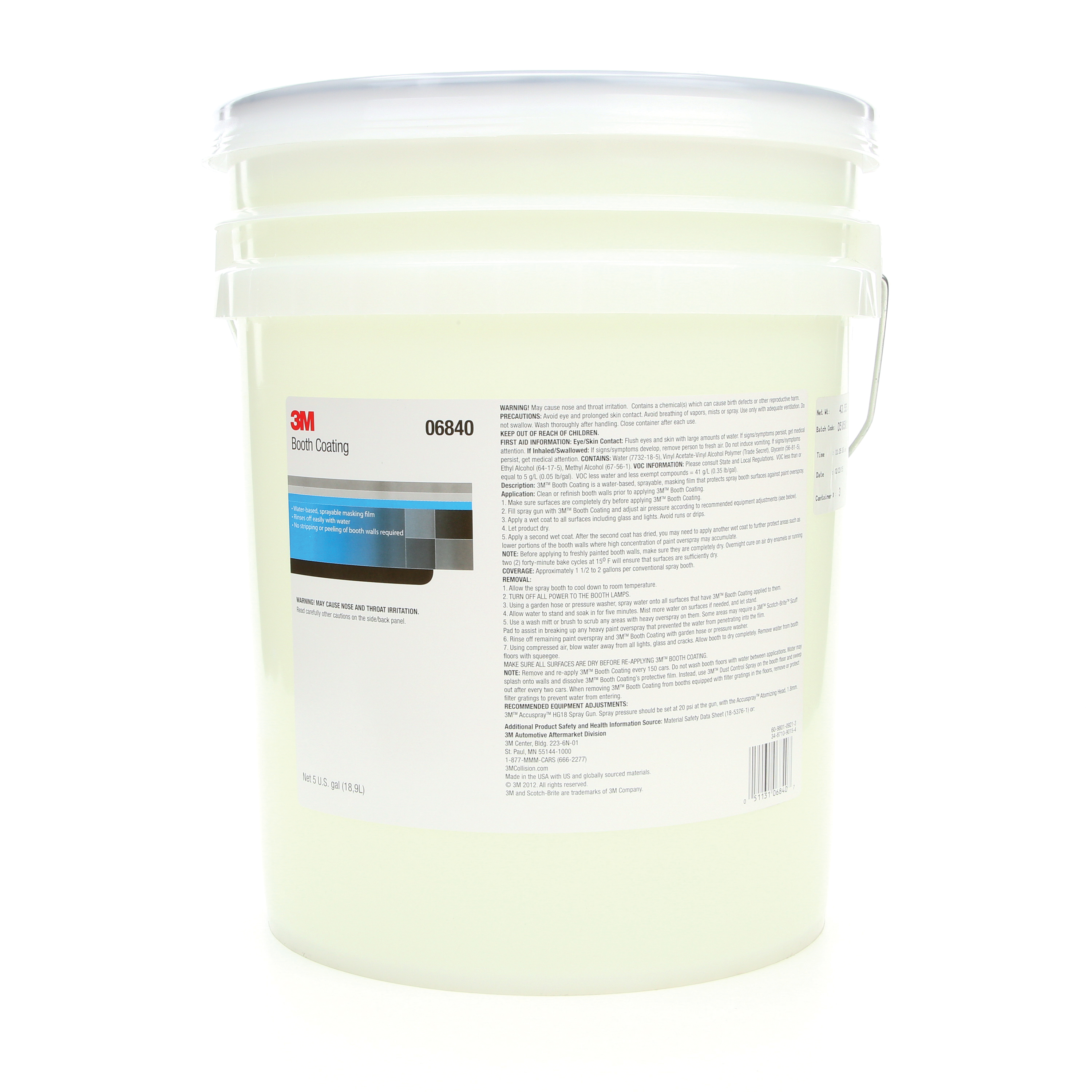 3M™ 051131-06840 Water Based Booth Coating, 5 gal Container, Liquid Form, Clear
