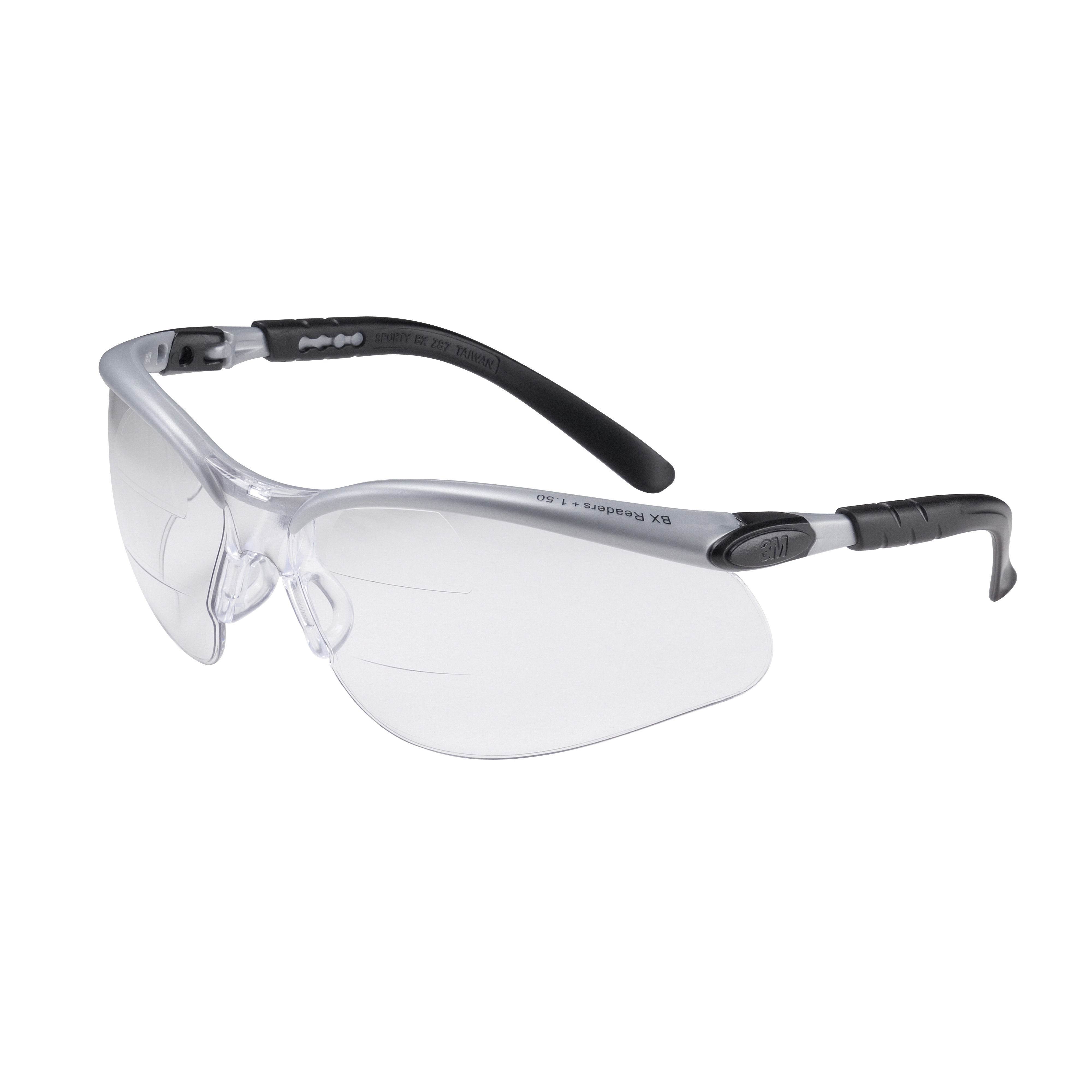 3M™ BX™ 078371-11458 Bi-Focal Lens Reader Protective Eyewear, 2 Diopter, Clear Lens, Black/Silver, Plastic Frame, Polycarbonate Lens, 99.9 % UV Protection, ANSI Z87.1-2015, CSA Z94.3-2007