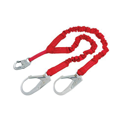 3M Protecta Fall Protection 1340161 PRO™ Stretch Elastic Tie-Off Variable Shock Absorbing Lanyard, 130 to 310 lb Load, 6 ft L, Polyester Webbing Line, 2 Legs, Rebar Hook Anchorage Connection, Snap Hook Harness Connection Hook