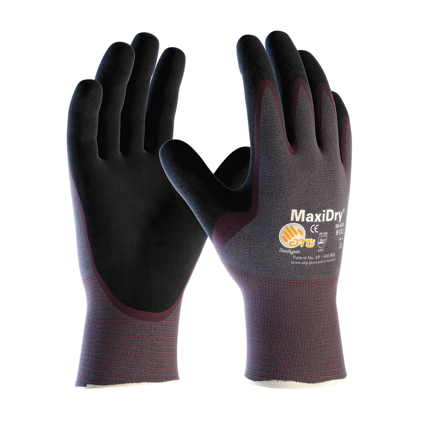 ATG® MaxiDry® 56-424/XS High Performance General Purpose Gloves, Coated, XS, Nylon Palm, Nylon, Black/Purple, Continuous Knit Wrist Cuff, Nitrile Coating, Resists: Abrasion, Cut, Puncture and Tear, Nylon Lining, Seamless Knit