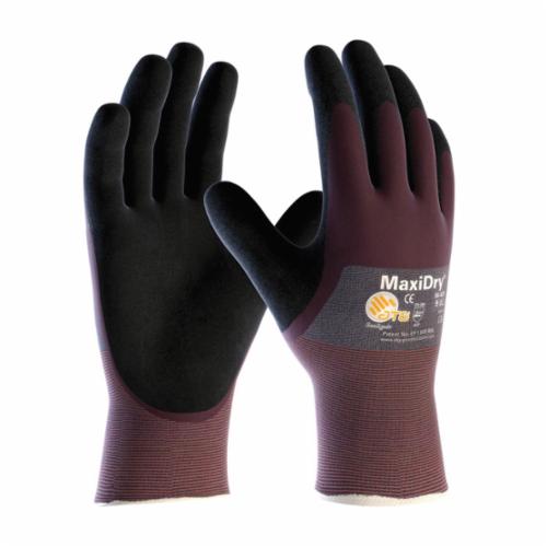 ATG® MaxiDry® 56-425 Ultra Lightweight General Purpose Gloves, Coated, Nylon/Lycra® Palm, Lycra®/Nylon, Black/Purple, Continuous Knit Wrist Cuff, Microfoam Nitrile Coating, Resists: Abrasion, Cut, Puncture and Tear, Nylon/Lycra® Lining, Seamless Knit