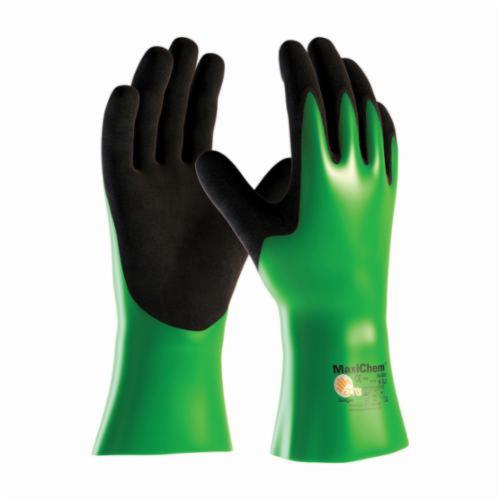 PIP® MaxiChem® 56-630 Liquidproof Chemical Resistant Gloves, Lycra®/Nitrile, Black/Green, Nylonycra® Lining, 12 in L, Resists: Abrasion, Chemical, Oil, Puncture, Snag and Tear, Supported Support, Gauntlet Cuff, 1.3 mm THK, Hand Specific Hand