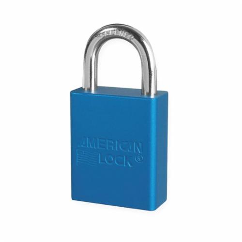 American Lock® A1105BLU Safety Padlock, Different Key, Blue, Anodized Aluminum Body, 1/4 in Dia x 1 in H x 25/32 in W Polished Chrome Boron Alloy Steel Shackle, Conductive Conductivity