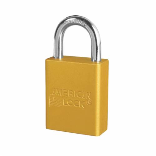 American Lock® A1105YLW Safety Padlock, Different Key, Yellow, Anodized Aluminum Body, 1/4 in Dia x 1 in H x 25/32 in W Polished Chrome Boron Alloy Steel Shackle, Conductive Conductivity