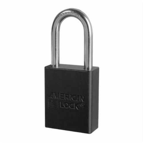 American Lock® A1106BLK Safety Padlock, Keyed Different Key, Black, Anodized Aluminum Body, 1/4 in Dia x 1-1/2 in H x 25/32 in W Chrome Plated Boron Alloy Steel Shackle, Conductive Conductivity