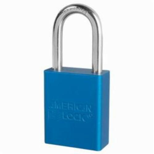 American Lock® A1106BLU Safety Padlock, Different Key, Blue, Anodized Aluminum Body, 1/4 in Dia x 1-1/2 in H x 25/32 in W Polished Chrome Boron Alloy Steel Shackle, Conductive Conductivity