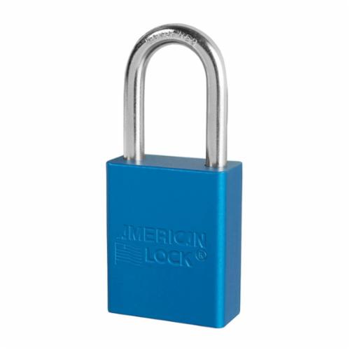 American Lock® A1106KABLU Safety Padlock, Alike Key, Blue, Anodized Aluminum Body, 1/4 in Dia x 1-1/2 in H x 25/32 in W Polished Chrome Boron Alloy Steel Shackle, Conductive Conductivity