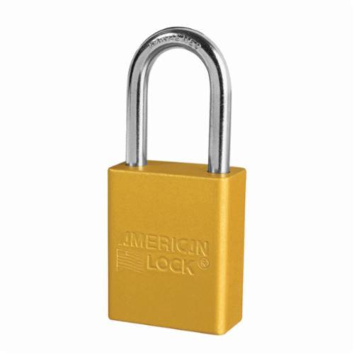 American Lock® A1106KAYLW Safety Padlock, Alike Key, Yellow, Anodized Aluminum Body, 1/4 in Dia x 1-1/2 in H x 25/32 in W Polished Chrome Boron Alloy Steel Shackle, Conductive Conductivity