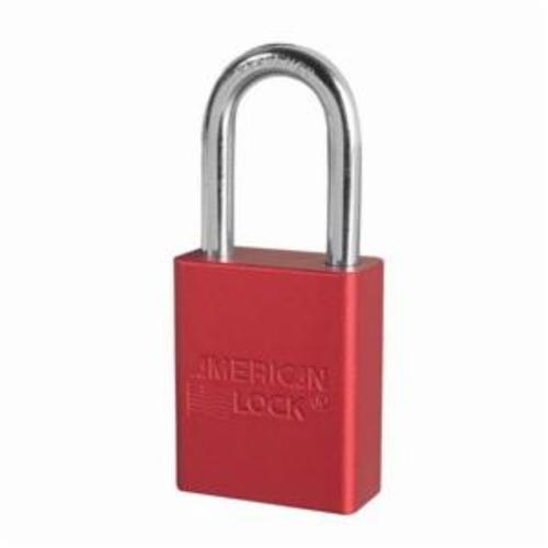 American Lock® A1106RED Safety Padlock, Different Key, Red, Anodized Aluminum Body, 1/4 in Dia x 1-1/2 in H x 25/32 in W Polished Chrome Boron Alloy Steel Shackle, Conductive Conductivity