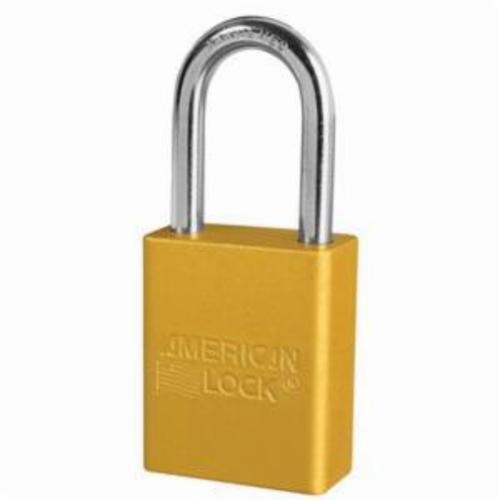 American Lock® A1106YLW Safety Padlock, Keyed Different Key, Yellow, Anodized Aluminum Body, 1/4 in Dia x 1-1/2 in H x 25/32 in W Chrome Plated Boron Alloy Steel Shackle, Conductive Conductivity