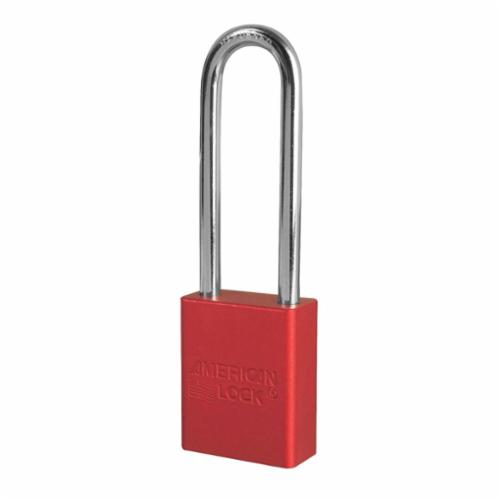 American Lock® A1107RED Safety Padlock, Different Key, Red, Anodized Aluminum Body, 1/4 in Dia x 3 in H x 25/32 in W Polished Chrome Boron Alloy Steel Shackle, Conductive Conductivity