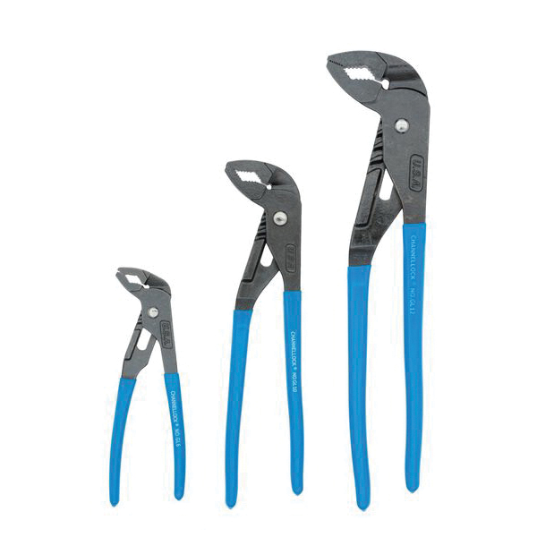Channellock® GLS-3 Self-Adjusting Tongue and Groove Plier Sets, V-Jaw, 3 Pieces, 1-1/16 to 2-1/4 in Max Jaw Opening, 6-1/2 to 12-1/2 in OAL