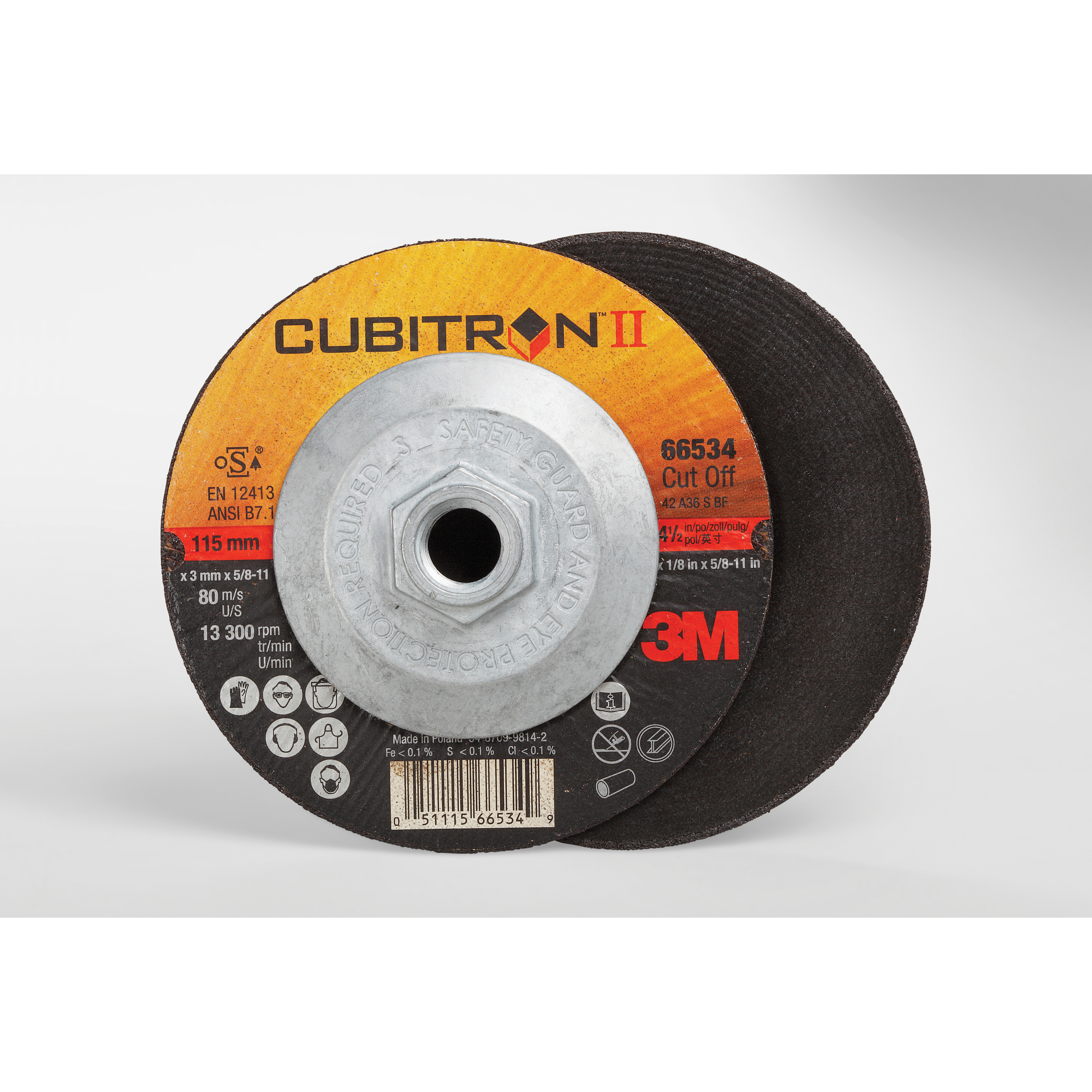 Cubitron™ II 051115-66534 COW Type 27 Cut-Off Wheel, 4-1/2 in Dia x 1/8 in THK, 36 Grit, Precision Shaped Ceramic Abrasive