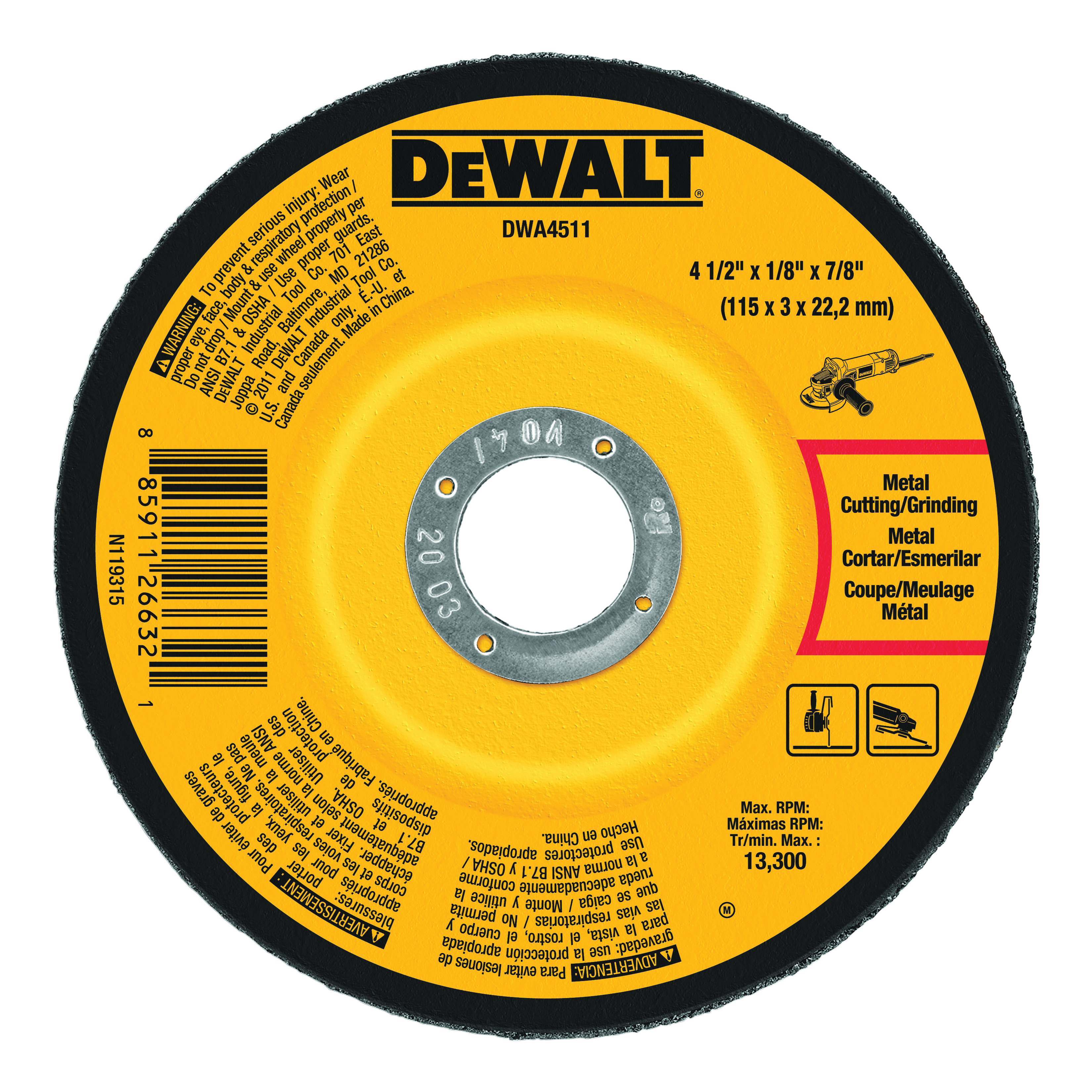 DeWALT® DWA4511 Depressed Center Wheel, 4-1/2 in Dia x 1/8 in THK, 7/8 in Center Hole, A24N Grit, Aluminum Oxide Abrasive