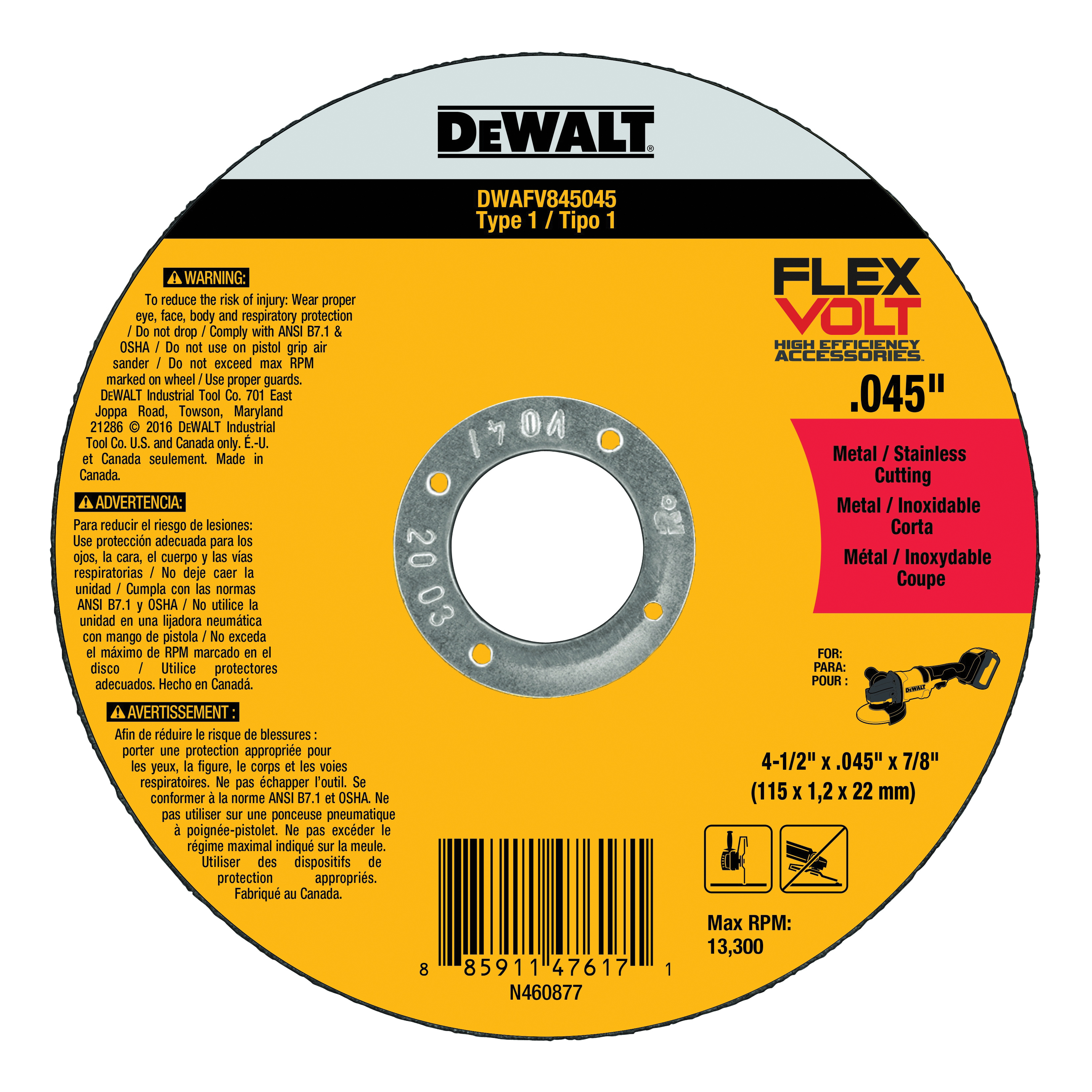 DeWALT® DWAFV845045B5 FLEXVOLT® Small Diameter Flexvolt Cut-Off Wheel, 4-1/2 in Dia x 0.045 in THK, 7/8 in Center Hole, 24 Grit, Ceramic Abrasive