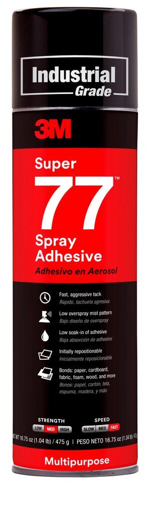 3M™ Super 77™ 77 Multi-Purpose Spray Adhesive, 24 fl-oz Aerosol Can, Clear, 150 deg F