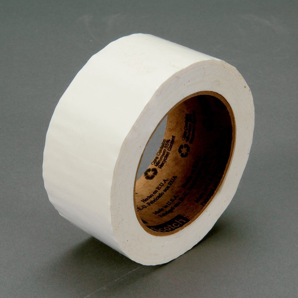 3M™ 371-White-48mmx100m Box Sealing Tape, 100 m L x 48 mm W, 1.8 mil THK, Hot Melt Synthetic Rubber Resin Adhesive, Polypropylene Film Backing, White