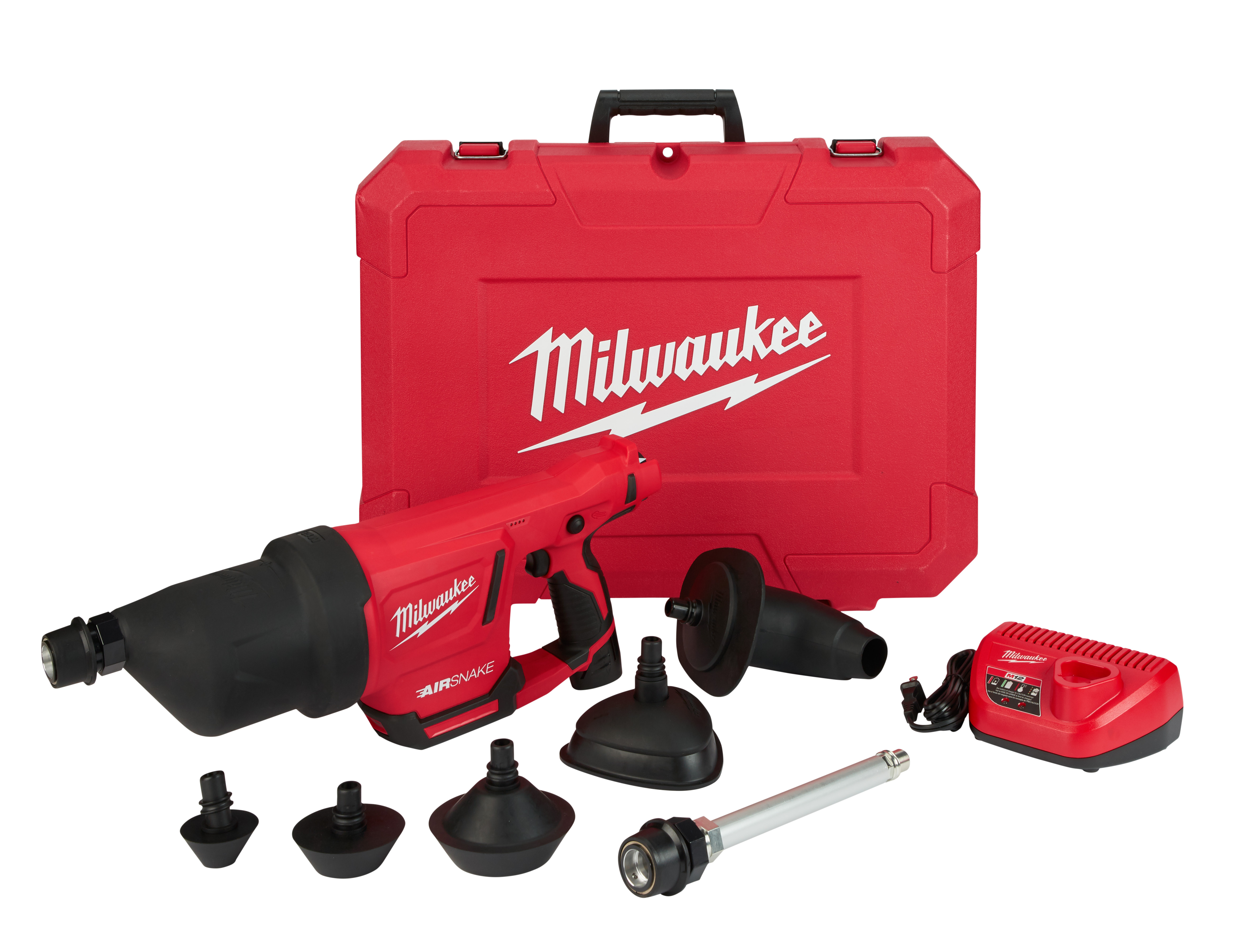 Milwaukee® M12™ 2572B-21 Kit Cordless Drain Cleaning Air Gun Kit, 1 to 4 in Drain Line, 35 ft Max Run, 12 VDC, Plastic Housing