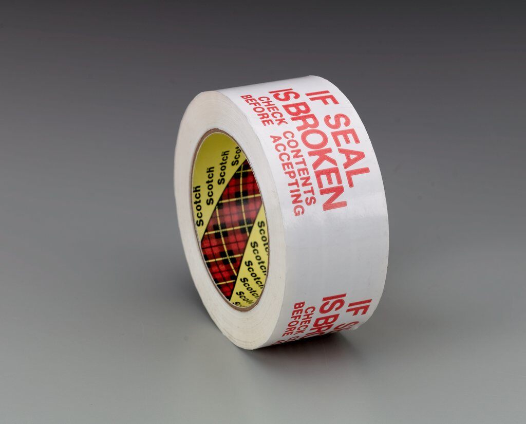 3M™ 3771 Printed Message Box Sealing Tape, 100 m L x 48 mm W, 1.9 mil THK, Hot Melt Synthetic Rubber Resin Adhesive, Polypropylene Film Backing, White with Red Printed Message