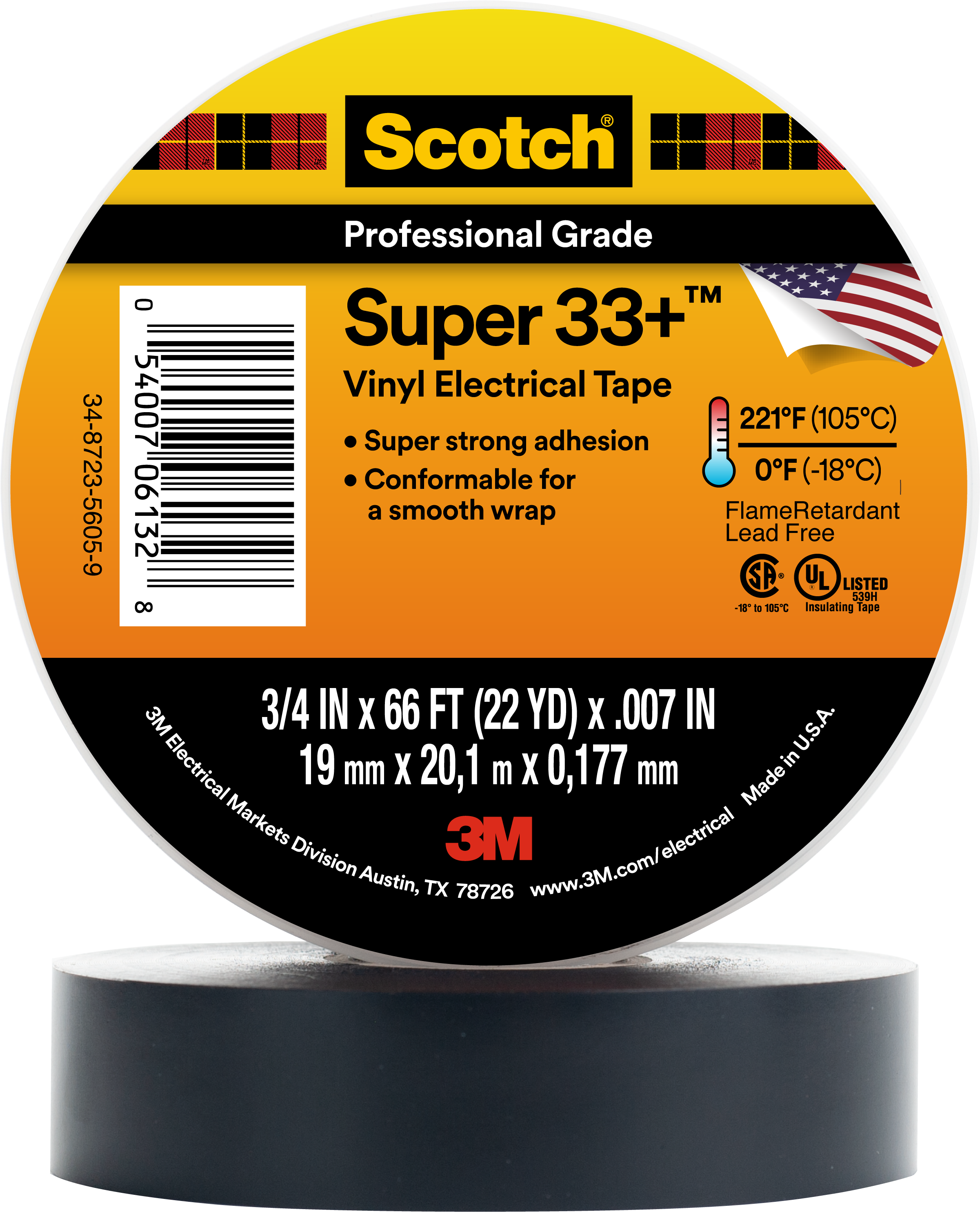 3M™ 33+-3/4X66FT-1 Premium Grade Electrical Tape, 66 ft L x 3/4 in W, 7 mil THK, PVC, Rubber Adhesive, PVC Backing, Black