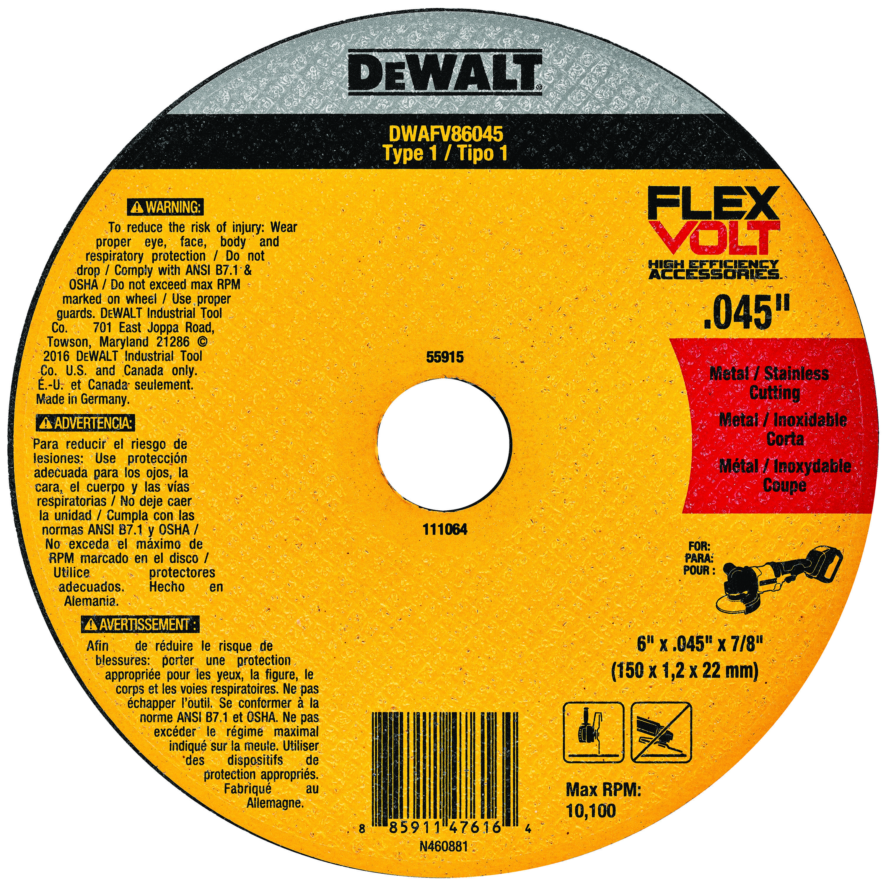 DeWALT® DWAFV86045 FLEXVOLT® Small Diameter Flexvolt Cut-Off Wheel, 6 in Dia x 0.045 in THK, 7/8 in Center Hole, 24 Grit, Ceramic Abrasive