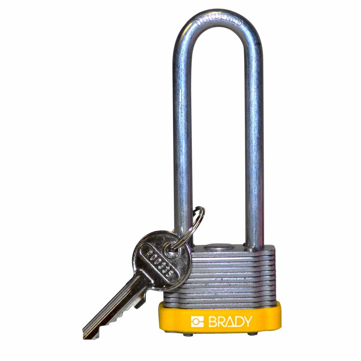 Brady® 123247 Heavy Duty Key Retaining Safety Padlock, Different Key, Yellow, Laminated Steel Body, 1/4 in Dia x 3 in H x 0.8 in W Triple Coated Hardened Steel Shackle, 1.1 in L Body