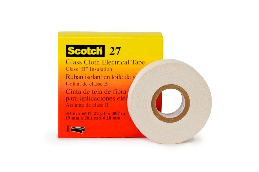 Scotch® 27-1/2"x66' Premium-Grade Special Use Electrical Tape, 66 ft L x 1/2 in W, 7 mil THK, Thermosetable Rubber Adhesive, Glass Cloth Backing, White