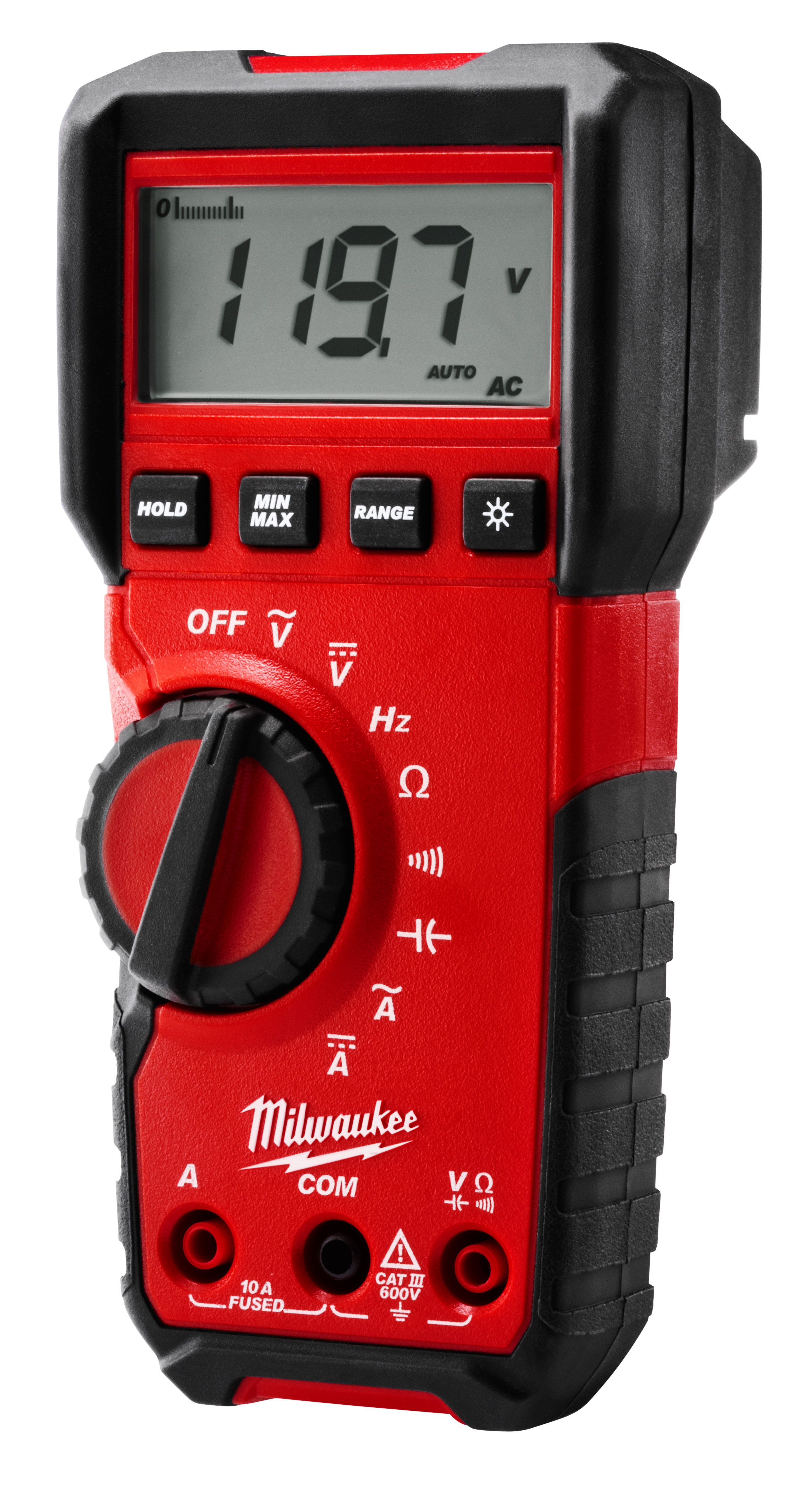 Milwaukee® 2216-20 Heavy Duty Digital Multimeter, 6 mV to 600 VAC, 600 mV to 600 VDC, 10 A, 40 mOhm, Black on White LCD Display