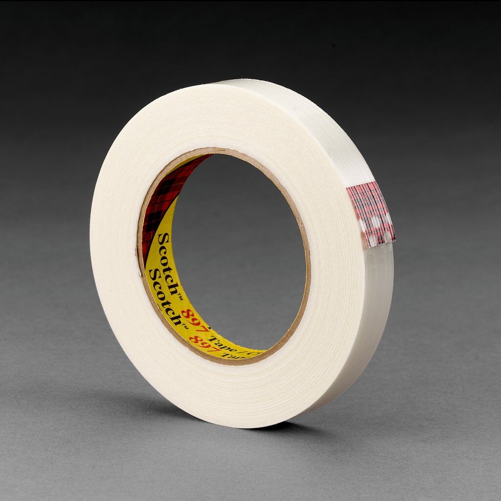 3M™ 897-24mmx55m Filament Tape, 55 m L x 24 mm W, 5 mil THK, Fiberglass Yarn Filament, Synthetic Rubber Adhesive, Polypropylene Backing, Clear