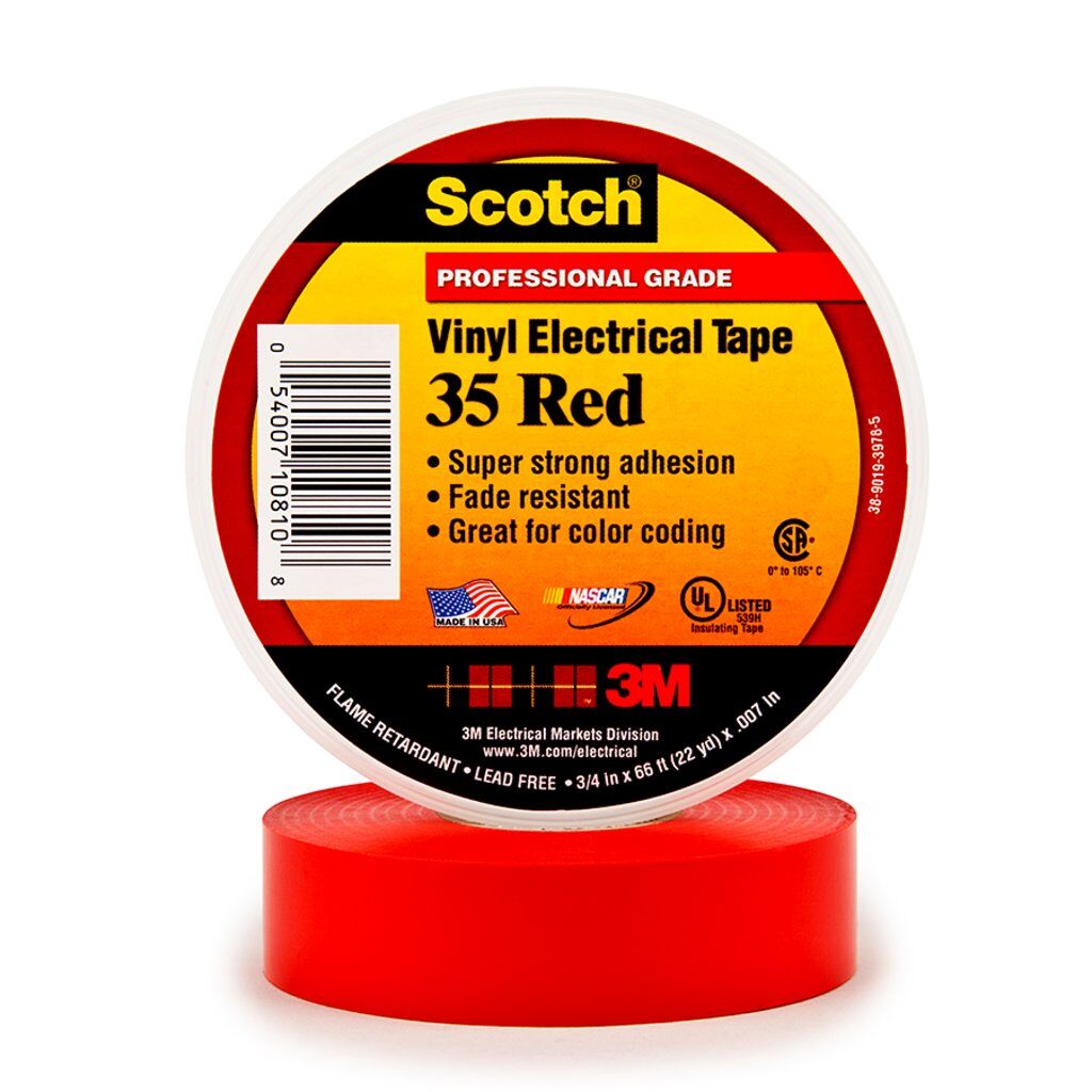 Scotch® 35-1/2X20FT-RD 1-Sided Premium Grade Electrical Tape, 20 ft L x 1/2 in W, 7 mil THK, PVC, Rubber Adhesive, PVC Backing, Red
