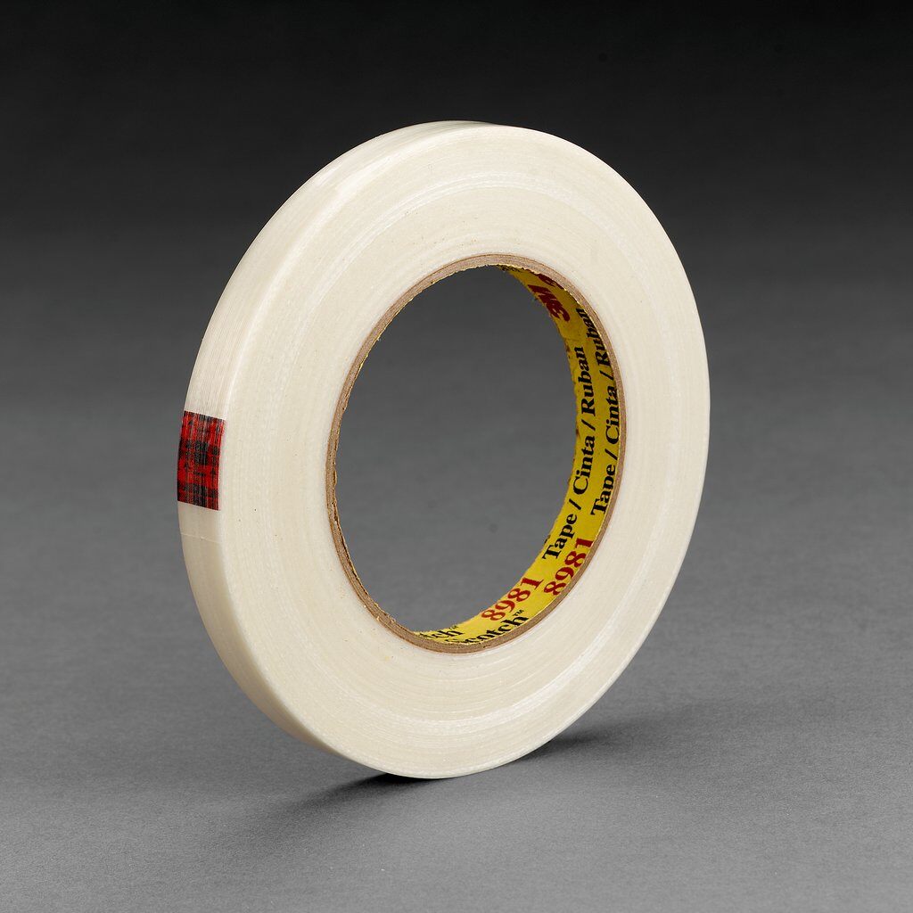 3M™ 8981-24mmx55m Reinforced Filament Tape, 55 m L x 24 mm W, 6.6 mil THK, Fiberglass Yarn Filament, Synthetic Rubber Adhesive, Polypropylene Backing, Clear