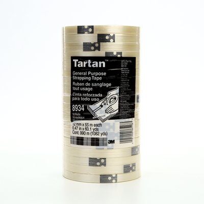 3M™ Tartan™ 8934-12mmx55m High Strength Filament Tape, 55 m L x 12 mm W, 4 mil THK, Fiberglass Yarn Filament, Synthetic Rubber Adhesive, Polypropylene Film Backing, Clear