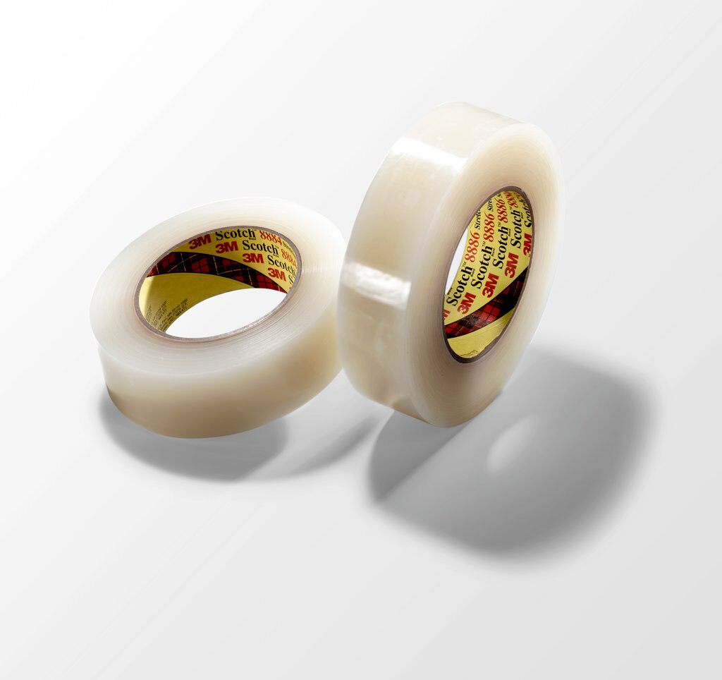 3M™ 8886 Stretchable Tape, 55 m L x 36 mm W, 7 mil THK, Synthetic Rubber Adhesive, Polypropylene Film Backing, Clear