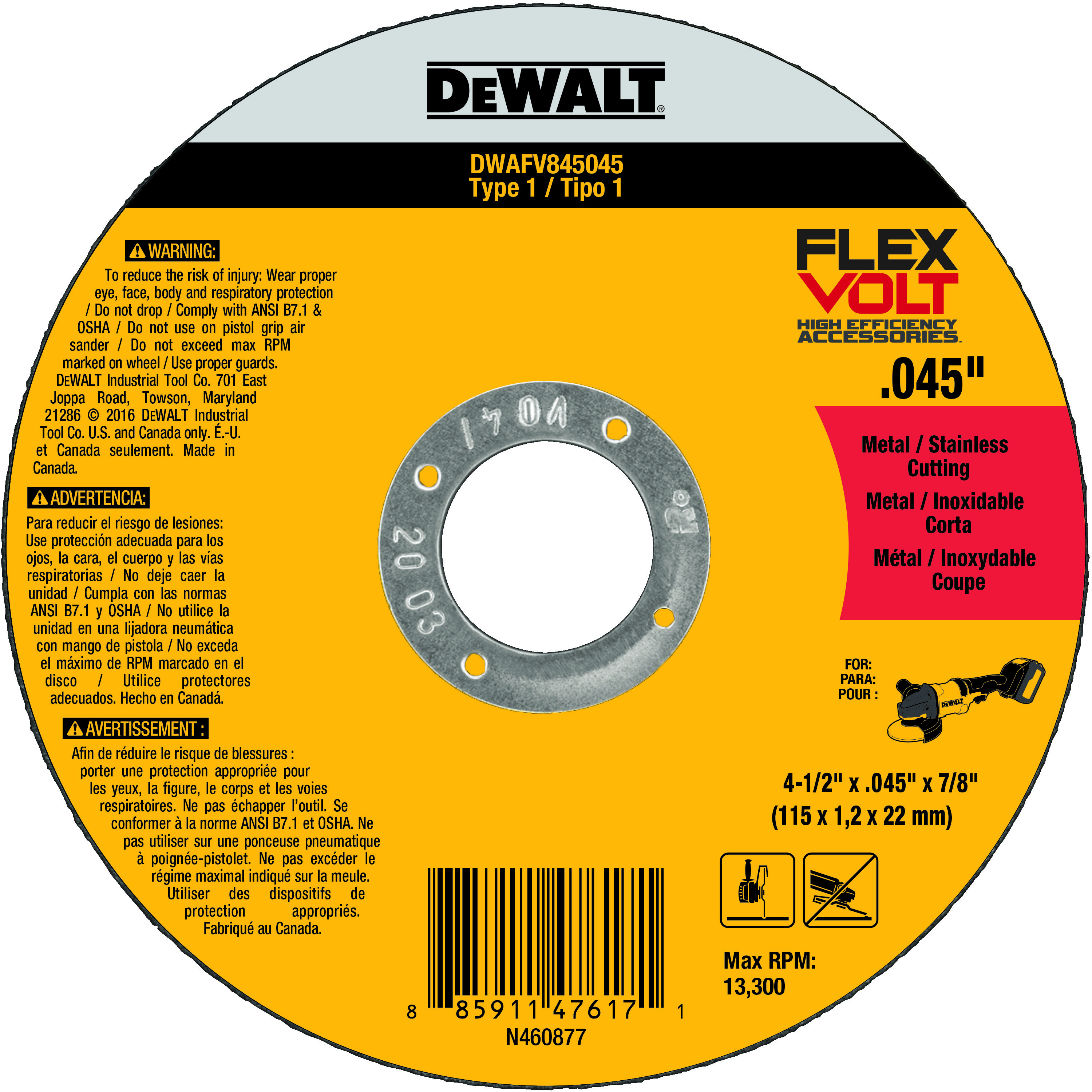 DeWALT® DWAFV845045 FLEXVOLT® Small Diameter Flexvolt Cut-Off Wheel, 4-1/2 in Dia x 0.045 in THK, 7/8 in Center Hole, 24 Grit, Ceramic Abrasive