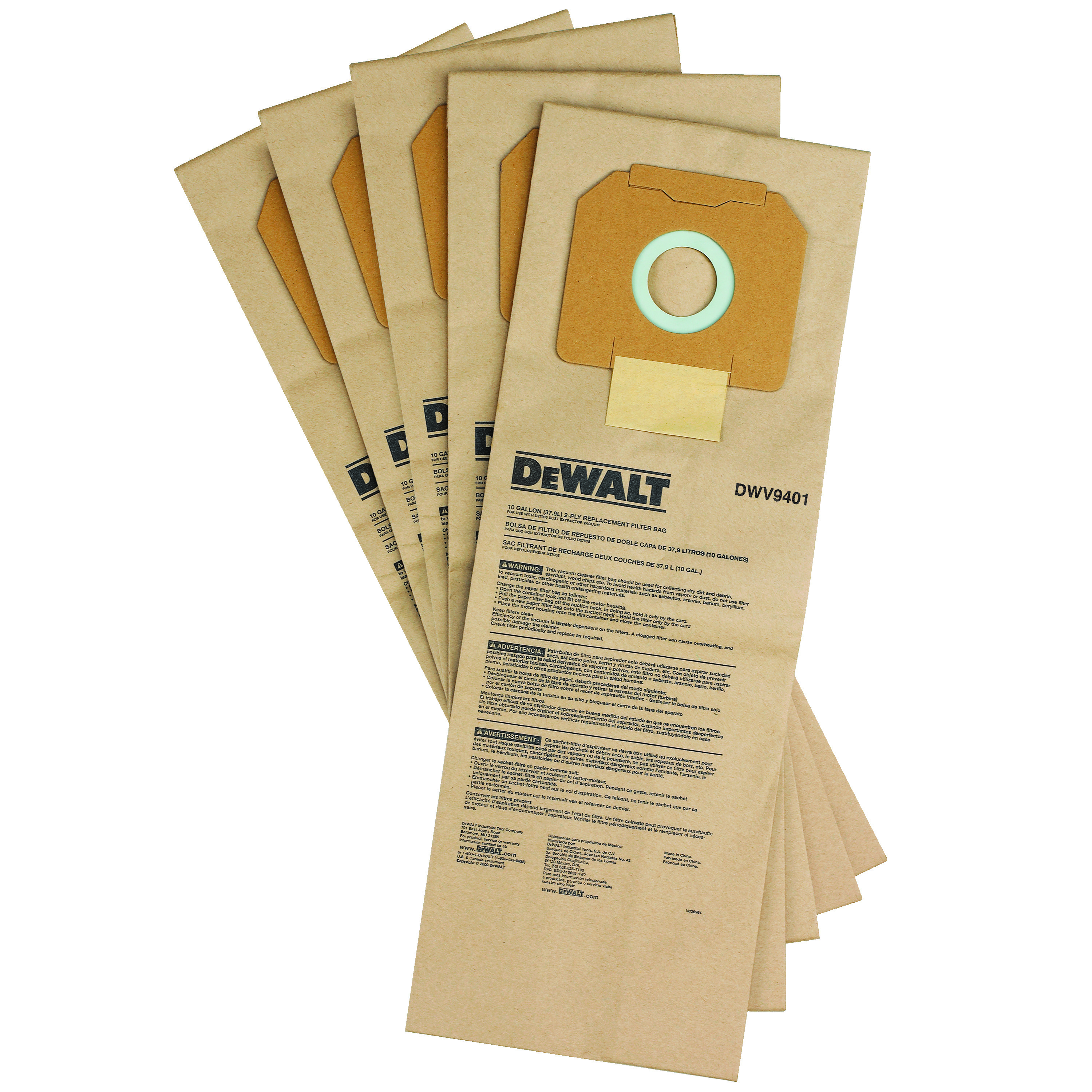 DeWALT® DWV9401 Non-Reusable Paper Bag, 1-7/8 in H x 8-1/2 in W x 3-1/2 in D, Paper, For Use With DWV012 Type 1 Dust Extractor