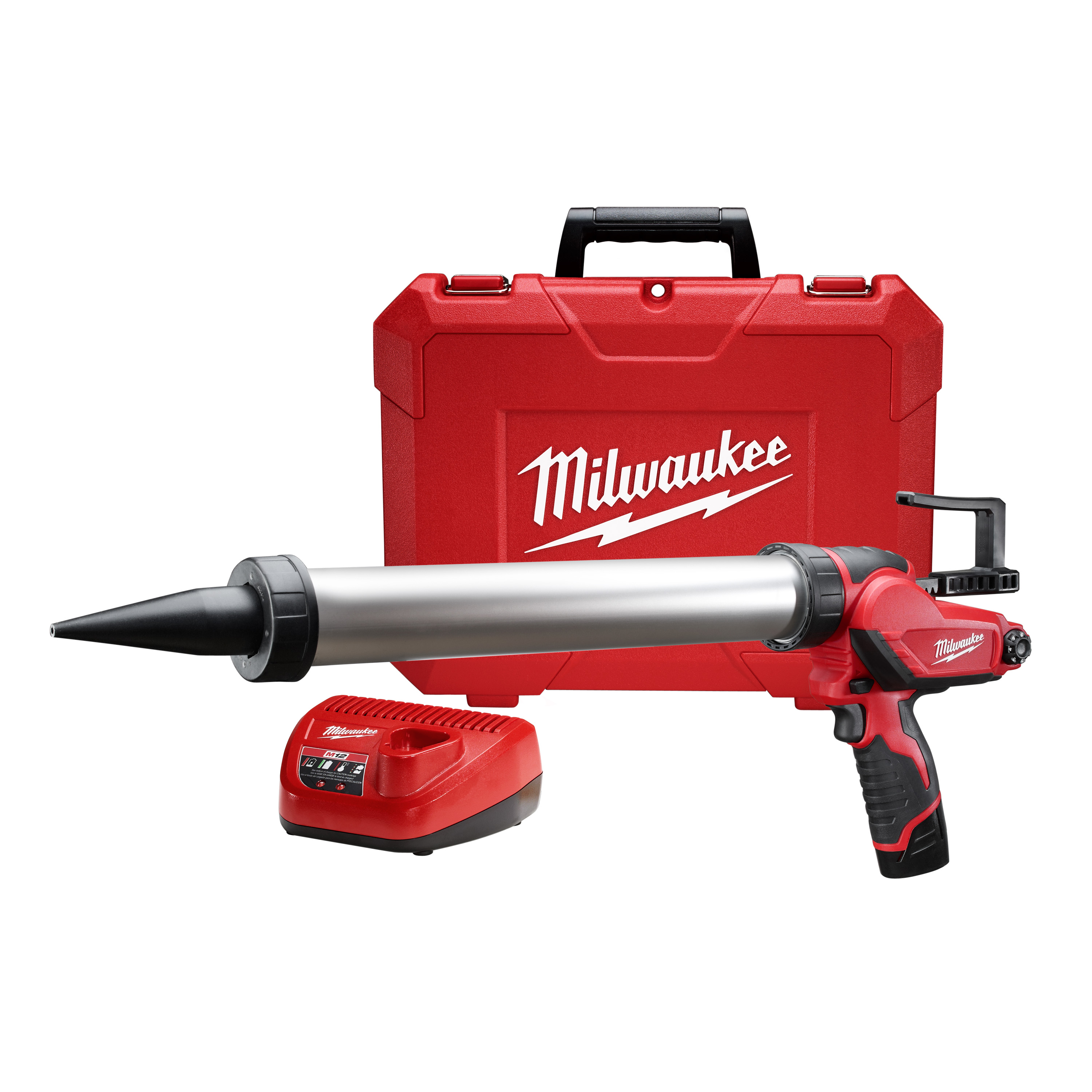 Milwaukee® M12™ 2442-21 Compact Cordless Caulk Gun Kit, 20 oz Capacity, 400 lb, 12 VDC, M12™ REDLITHIUM™ Lithium-Ion Battery, Metal Housing
