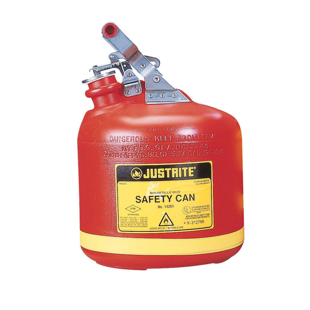 Justrite® 14261 Type I Round Safety Can With Stainless Steel Hardware, 2.5 gal Capacity, 10-3/4 in Dia x 14-1/4 in H, Polyethylene, Red