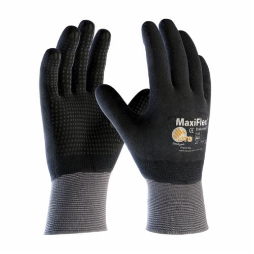 ATG® MaxiFlex® Endurance™ 34-846 General Purpose Gloves, Coated, Microfoam Nitrile Palm, 15 ga Nylon, Black/Gray, Continuous Knit Wrist Cuff, Microfoam Nitrile Coating, Resists: Abrasion, Cut, Puncture and Tear, Nylon Lining, Seamless Knit