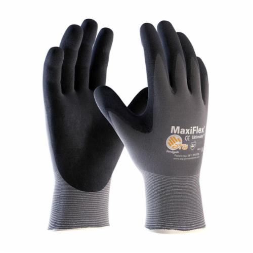 ATG® MaxiFlex® Ultimate™ 34-874 General Purpose Gloves, Coated, Microfoam Nitrile Palm, 15 ga Nylon, Black/Gray, Continuous Knit Wrist Cuff, Microfoam Nitrile Coating, Resists: Abrasion, Cut, Puncture and Tear, Nylon/Lycra® Lining, Seamless Knit
