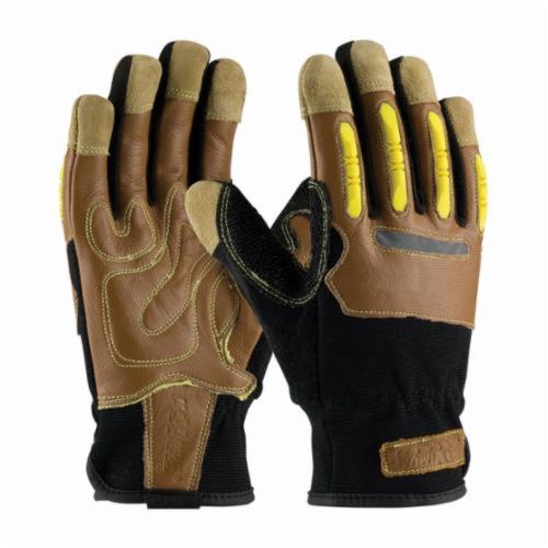 PIP® 120-4100 Men's General Purpose Gloves, Leather Palm/Work, Split Goatskin Leather Palm, Kevlar®/Lycra®/Leather/Spandex®, Black/Brown, Hook and Loop Wrist Cuff, Uncoated Coating, Resists: Abrasion, Cut, Puncture and Tear, Kevlar® Lining