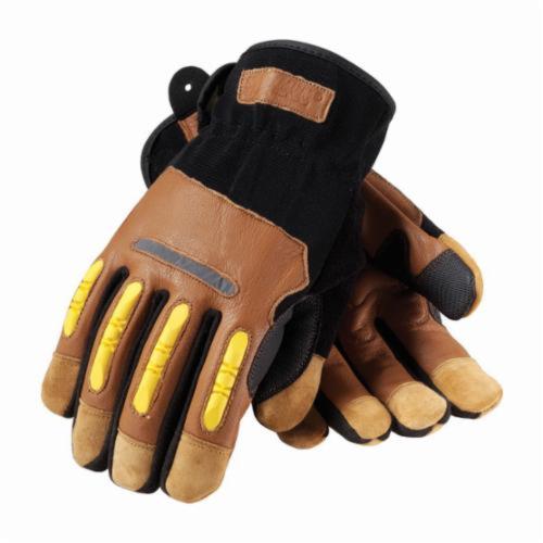 PIP® 120-4200 Men's General Purpose Gloves, Leather Palm/Work, Goatskin Leather Palm, Leather/Spandex®/Lycra®/Kevlar®, Black/Brown, Hook and Loop Wrist Cuff, Uncoated Coating, Resists: Abrasion, Puncture and Tear, Unlined Lining, Micro Cotton Thumb