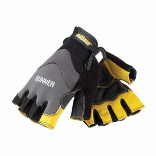 PIP® GUNNER™ 120-4300 Men's General Purpose Gloves, Leather Palm/Work, Goatskin Leather Palm, Leather/Polyester/Spandex®, Black/Tan, Hook and Loop Wrist Cuff, PVC Coating, Resists: Abrasion, Cut, Puncture and Tear, Unlined Lining
