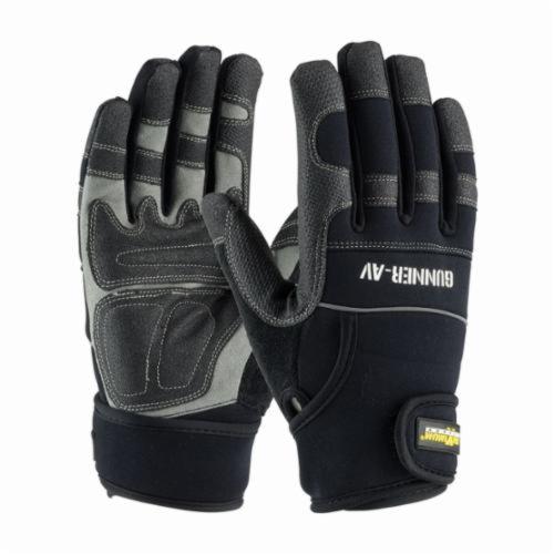 PIP® GUNNER-AV™ 120-4400 General Purpose Gloves, Leather Palm/Work, Synthetic Leather Palm, Cottonycra®/Nylon/Polyester/Polyurethane/Synthetic Leather, Black/Gray, Hook and Loop Wrist Cuff, PVC Coating, Resists: Abrasion, Cut, Puncture and Tear
