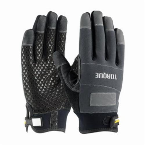PIP® TORQUE™ 120-4500 High Performance General Purpose Gloves, Leather Palm, Synthetic Leather Palm, Cotton/Lycra®/Nylon/Polyester/Polyurethane/Spandex®, Black/Gray, Hook and Loop Wrist Cuff, Foam/PVC/Silicone Coating, Unlined Lining