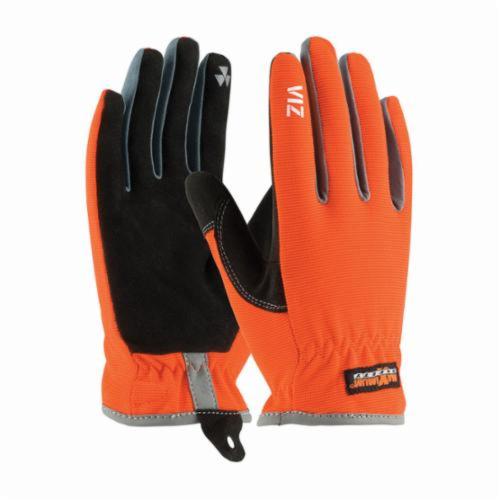 PIP® VIZ™ 120-4600 General Purpose Gloves, Leather Palm/Work, Synthetic Leather Palm, Lycra®/Nylon/Polyester/Polyurethane/Spandex®, Black/Orange, Open/Elastic Wrist Cuff, Uncoated Coating, Resists: Abrasion, Cut, Puncture and Tear, Unlined Lining